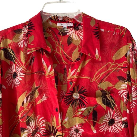 Equipment Daddy Floral Red Silk Sheer Button Down Blouse size Large - Picture 4 of 7